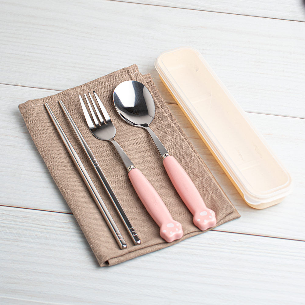 Set De Cubiertos De 3 Piezas Diseño De Dibujos Mango De Cerámica Rosa