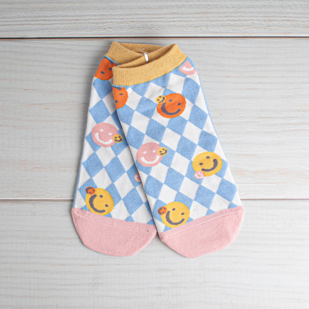 Calcetines Bajos A Cuadros Cara Sonriente 1 Par Azul