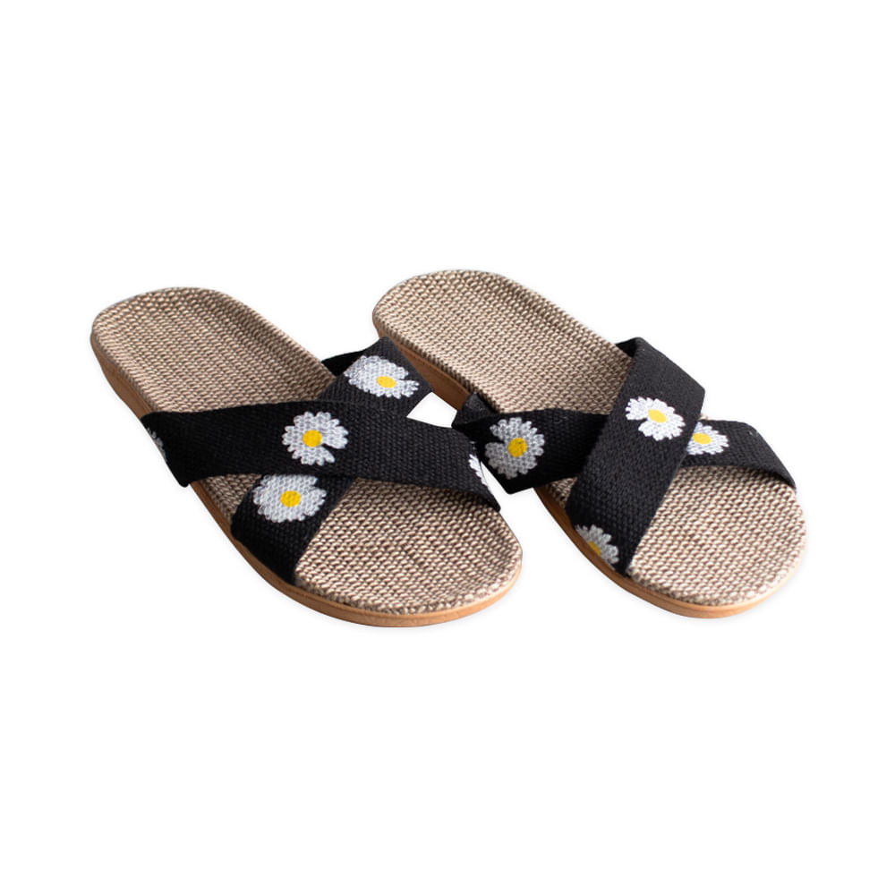 Pantuflas Banda Cruzada Margaritas Negro Talla 40-41