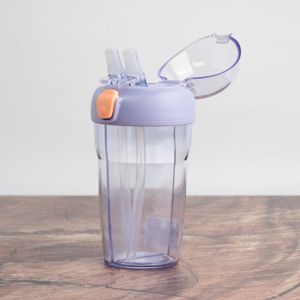 Botella de Agua de Doble Uso con Dos Sorbetes Morada