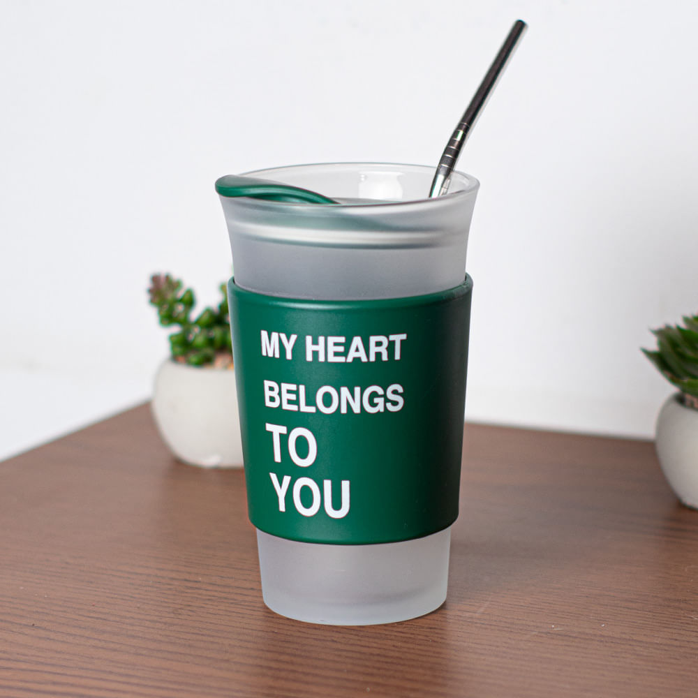 Glass Tumbler With Lid & Straw 400 Ml Green