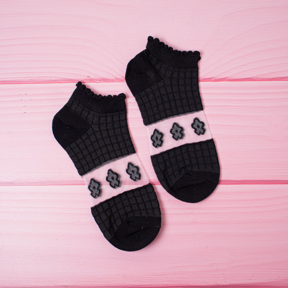 Calcetines Bajos Grabado Flores Cuadricula 3 Pares Negro
