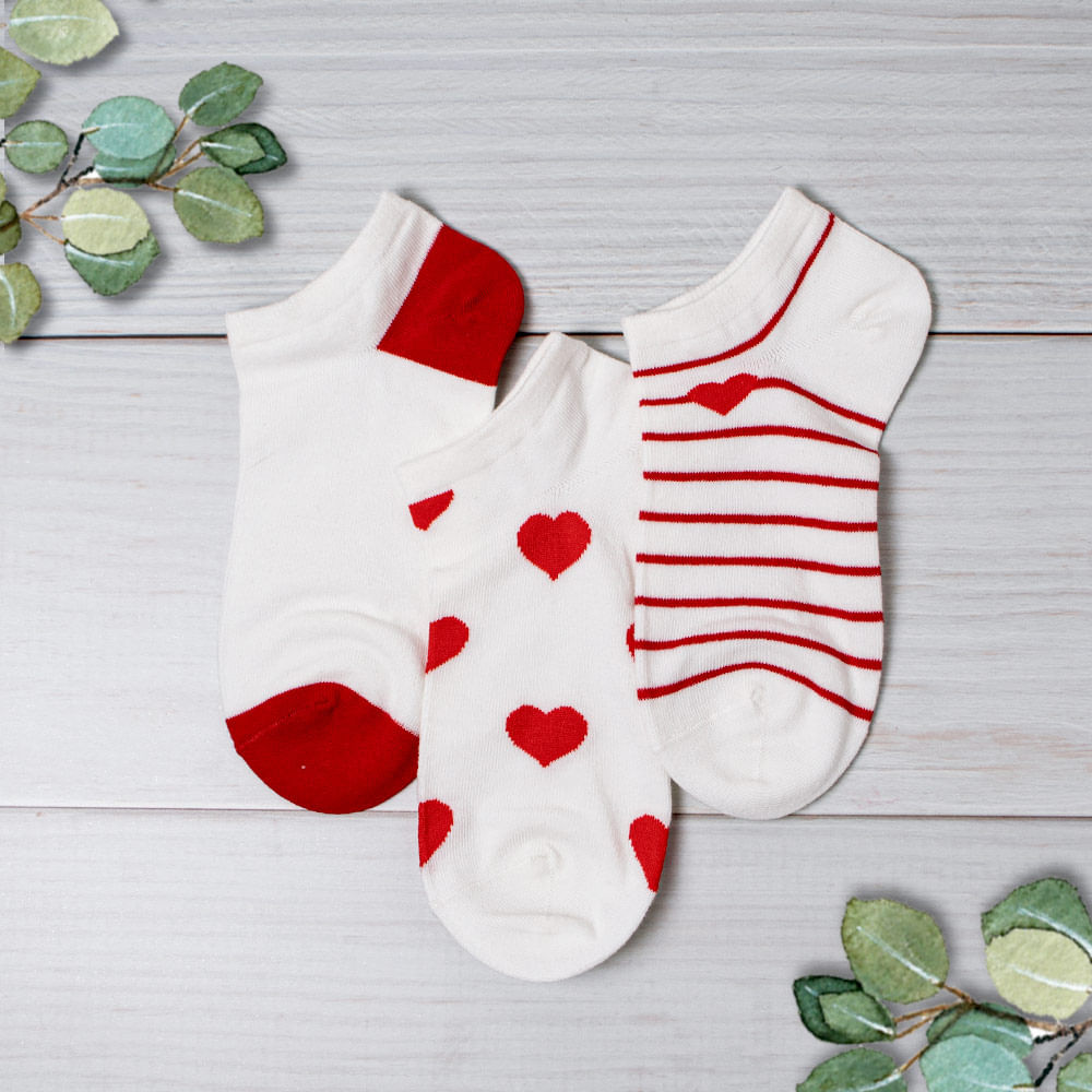 Women'S Heart & Stripe Low-Cut Socks 3 Pairs White & Red