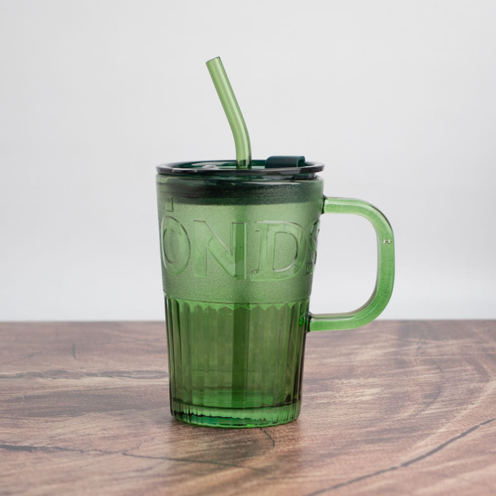 Taza Café Diamantes Con Paja Verde 450 Ml