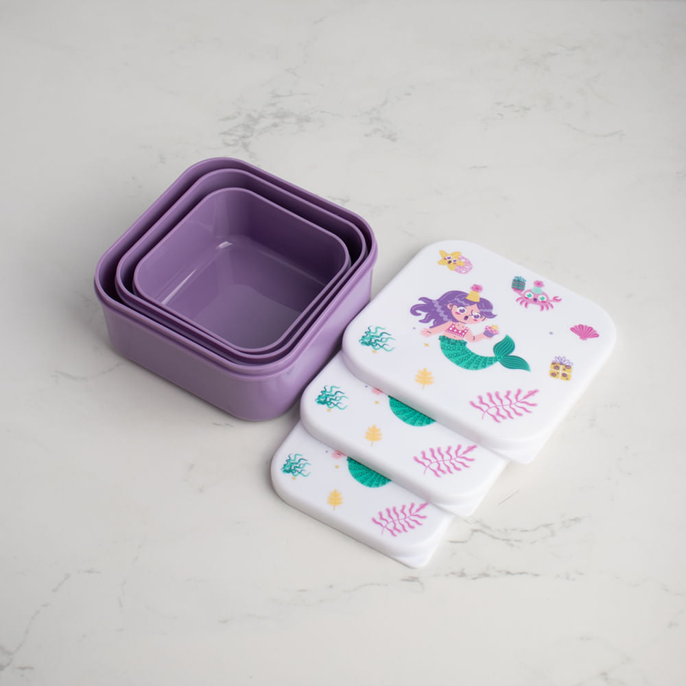 Juego De Contenedores De Plástico Para Almacenamiento De Alimentos De 3 Piezas Sirena Morado