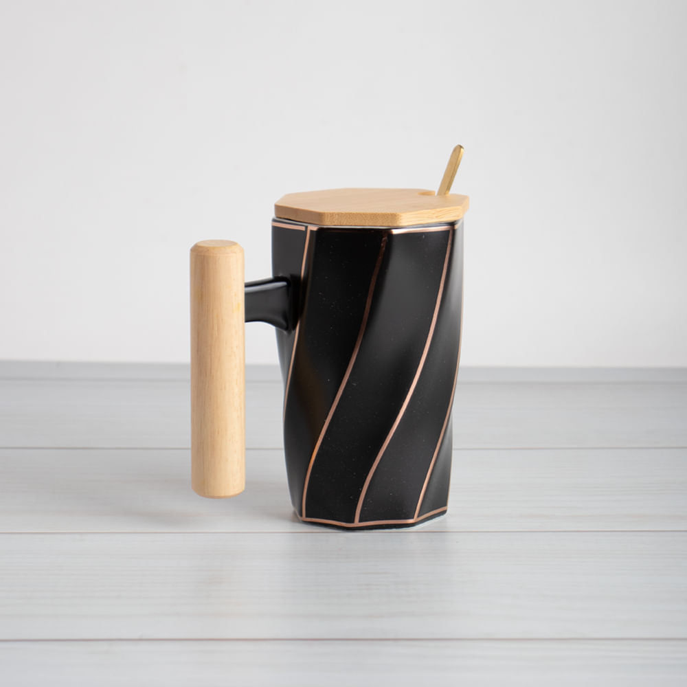 Taza Cerámica Espiral Asa De Madera Negro 390 Ml