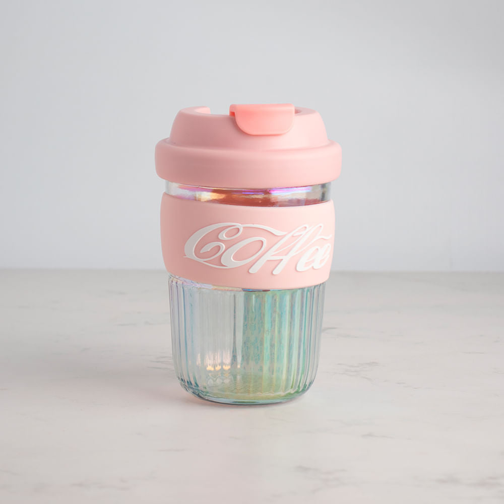 Vaso de Café de Cristal Tornasolado con Tapa y Funda Rosa 400 ml
