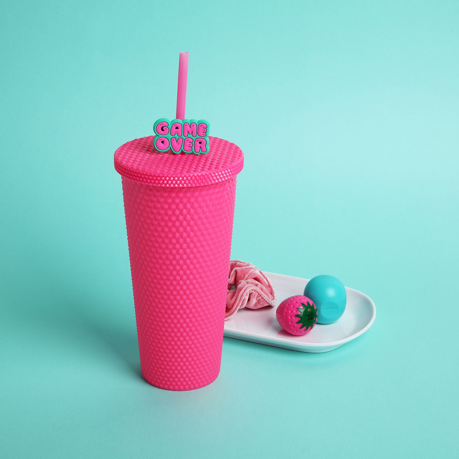 Vaso con Tapa y Sorbete Fucsia Game Over 700 ml