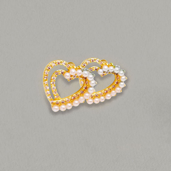 Aretes de 2 Corazones Brillantes con Perlas Dorado