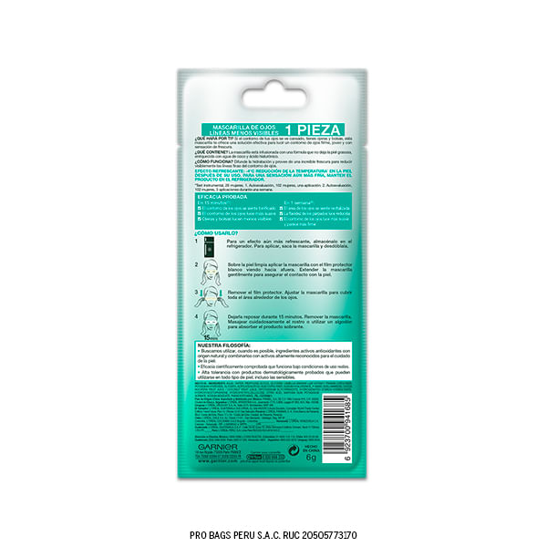 Mascarilla Para Ojos Garnier Hidra Bomb Eye Mask Coconut X Sachet