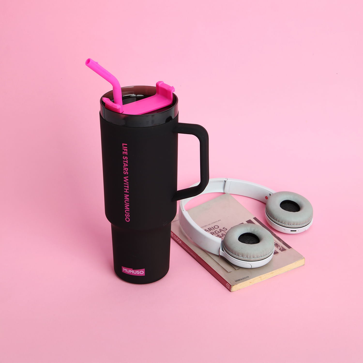 Vaso con Asa y Sorbete Negro 1100 ml