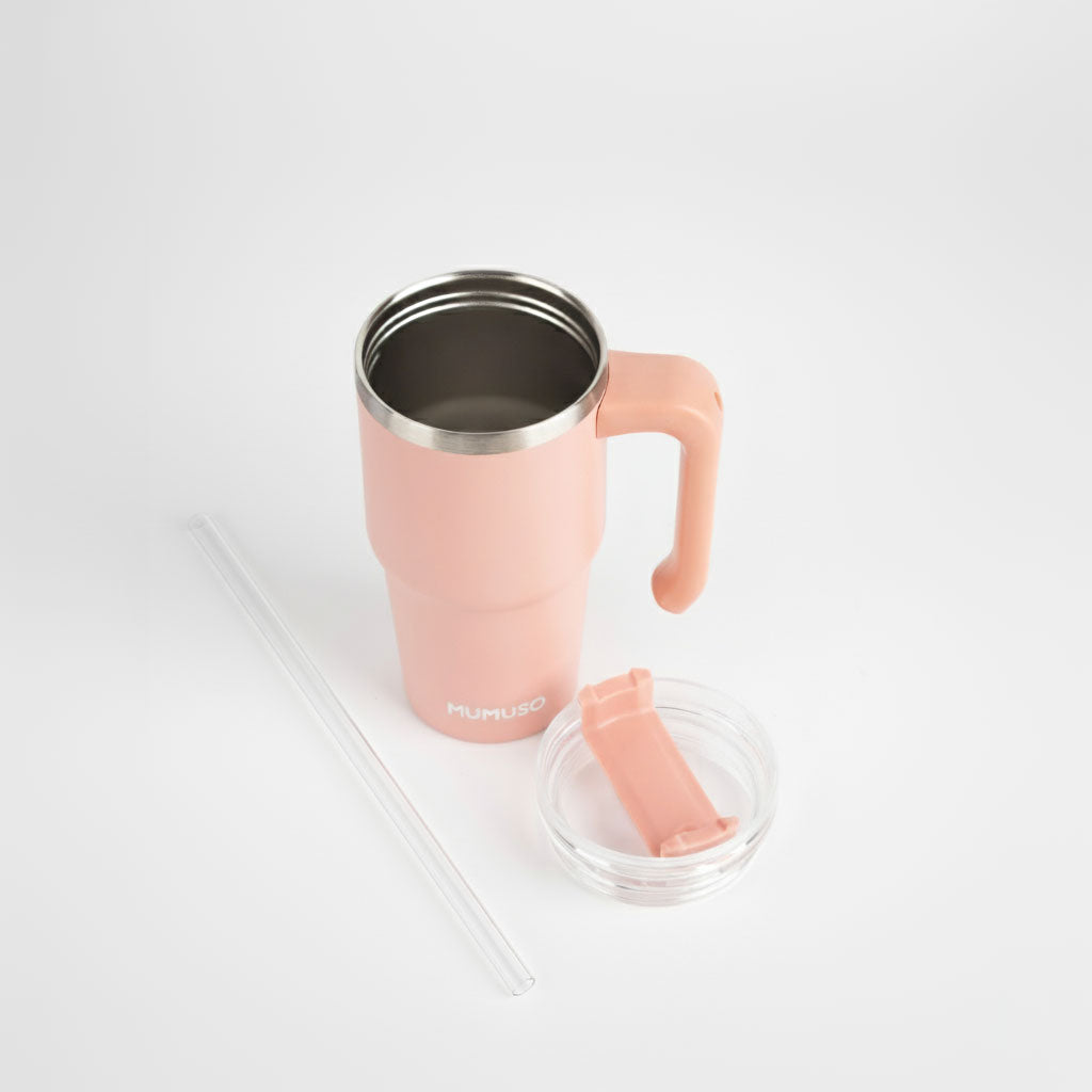 Vaso isotérmico para auto con asa y sorbete rosa