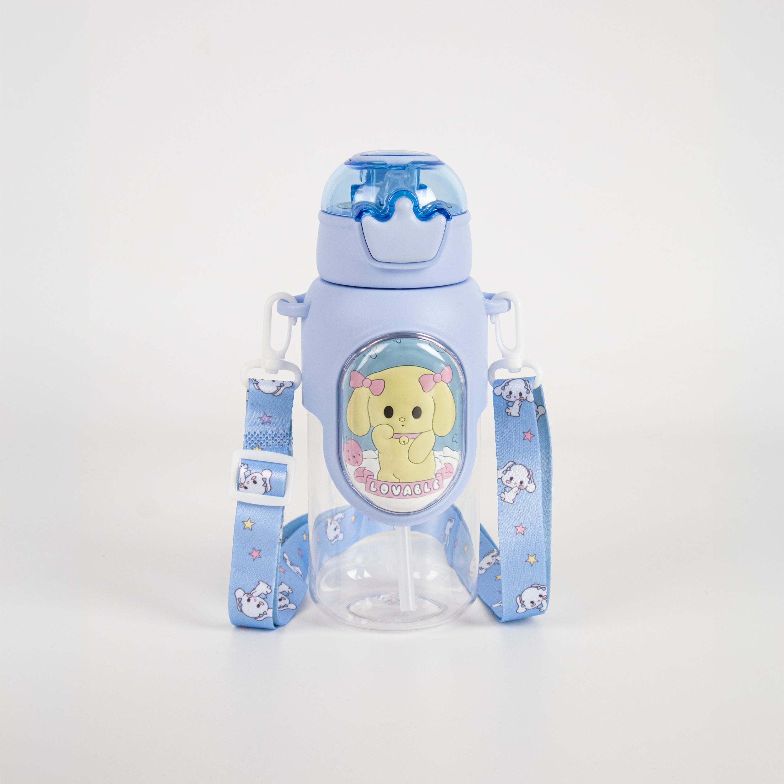 Botella de agua de plástico con tapa abatible lindo perro azul