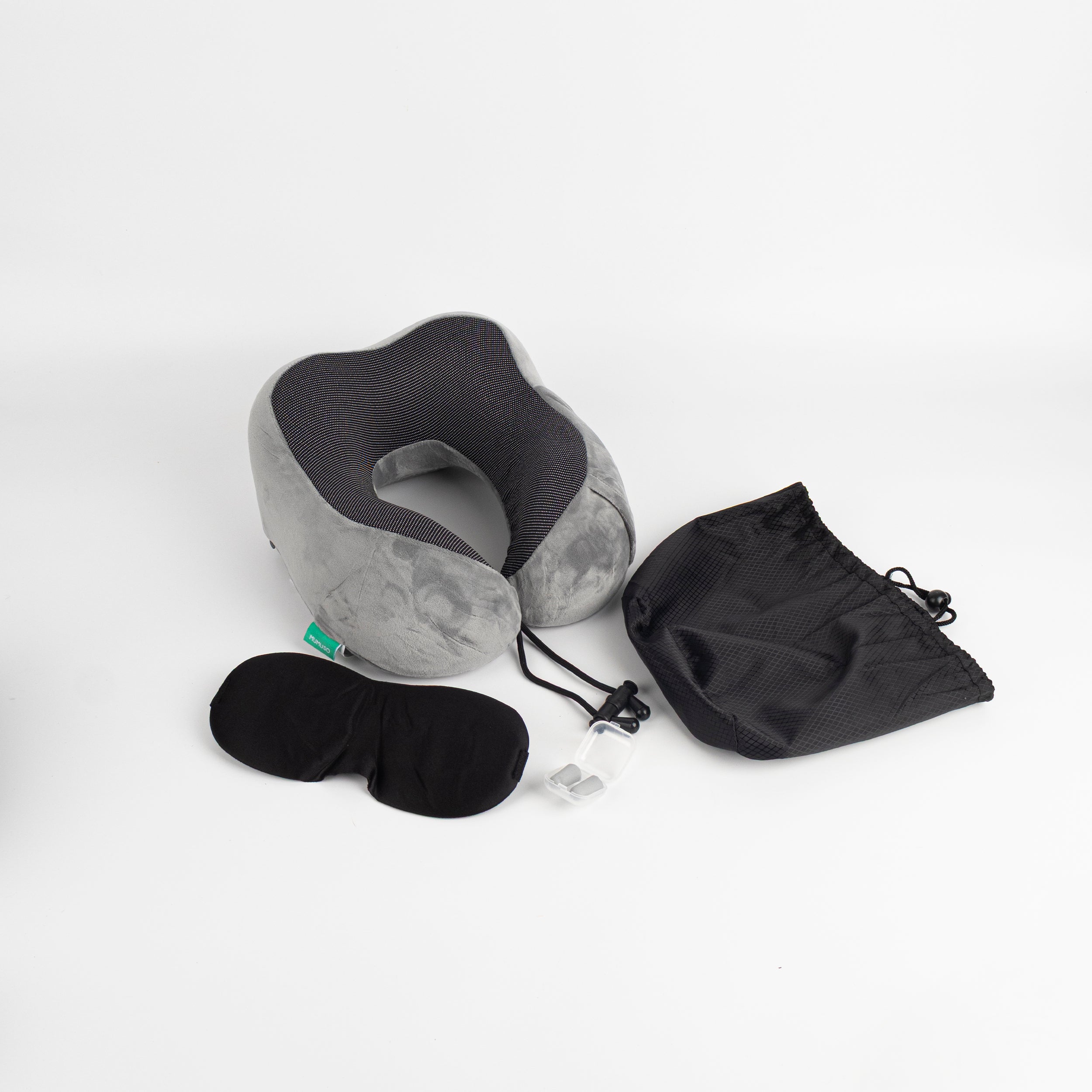 Almohada cervical en forma de U espuma viscoelástica, antifaz y tapones gris oscuro