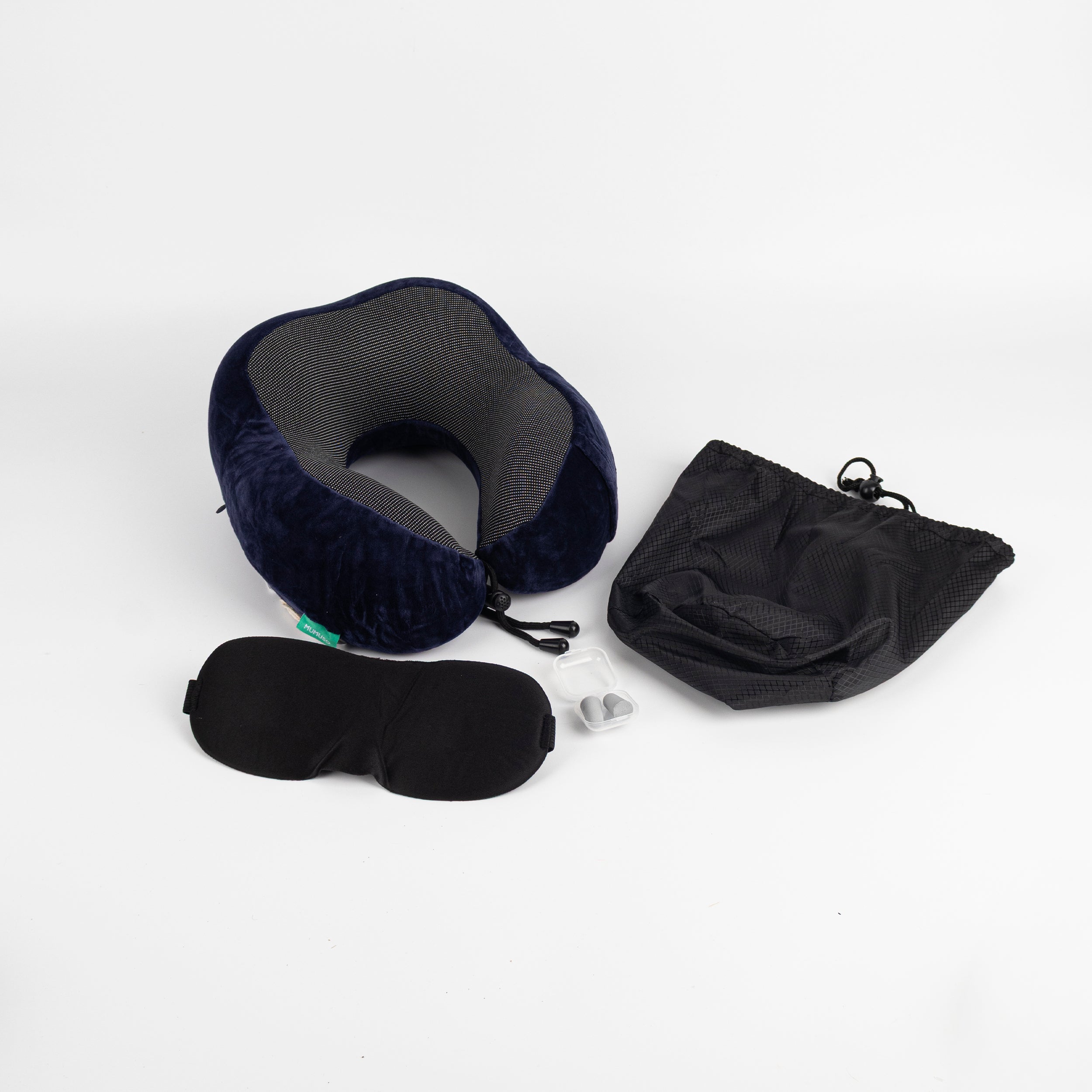 Almohada de espuma viscoelástica en forma de U antifaz tapones azul marino