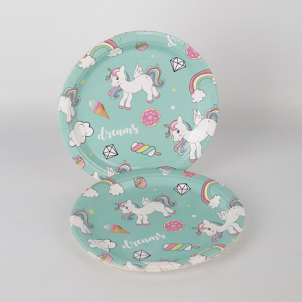 Plato De Papel 18 Cm Unicornios - 10 Unidades